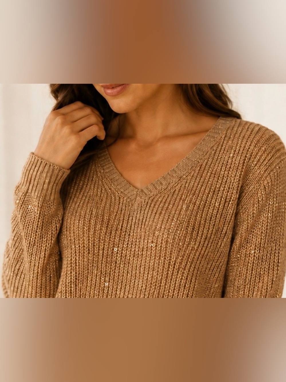 NIC+ZOE Gold Glitter V-Neck Knit Sweater Large Metallic Sequin - Picture 3 of 11